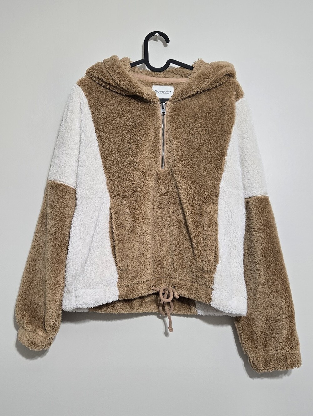 Abercrombie & Fitch Sherpa Fleece Hoodie Brown Cream Colorblock Quarter Zip XS
